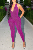 Pink Sexy Solid Patchwork Halter Skinny Jumpsuits