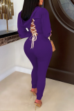 Purple Casual Solid Draw String O Neck Long Sleeve Two Pieces