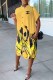 Yellow Fashion Casual Print Letter Turndown Collar Shirt Dress Dresses
