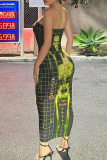 Green Sexy Skull Patchwork Strapless Pencil Skirt Dresses