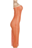 Orange Sexy Solid Mesh Strapless Pencil Skirt Dresses