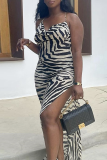 Black Sexy Animal Print High Opening Halter Pencil Skirt Dresses