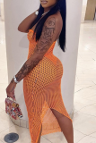 Orange Sexy Solid Mesh Strapless Pencil Skirt Dresses