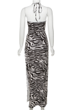 Black Sexy Animal Print High Opening Halter Pencil Skirt Dresses