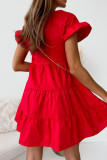 Rose Red Casual Solid Patchwork Fold Stringy Selvedge O Neck A Line Dresses