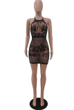 Black Sexy Solid Lace Mesh Halter Pencil Skirt Dresses