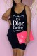 Black Fashion Casual Print Letter Spaghetti Strap Sleeveless Two Pieces