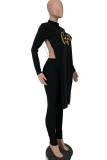 Black Sexy Print Patchwork Backless Slit O Neck Long Sleeve Two Pieces