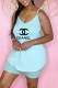 Light Blue Fashion Casual Print Letter Spaghetti Strap Sleeveless Two Pieces
