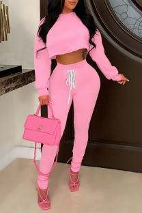 Pink Casual Solid Draw String O Neck Long Sleeve Two Pieces