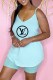 Light Blue Fashion Casual Print Letter Spaghetti Strap Sleeveless Two Pieces