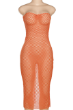 Orange Sexy Solid Mesh Strapless Pencil Skirt Dresses