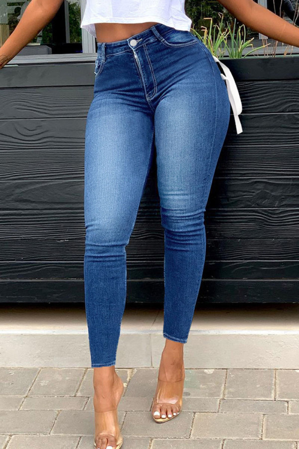 Medium Blue Casual Solid Patchwork Strap Design High Waist Denim Jeans