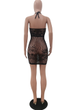 Black Sexy Solid Lace Mesh Halter Pencil Skirt Dresses