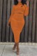 Orange Fashion Elegant Print Fold O Neck Long Sleeve Two Pieces
