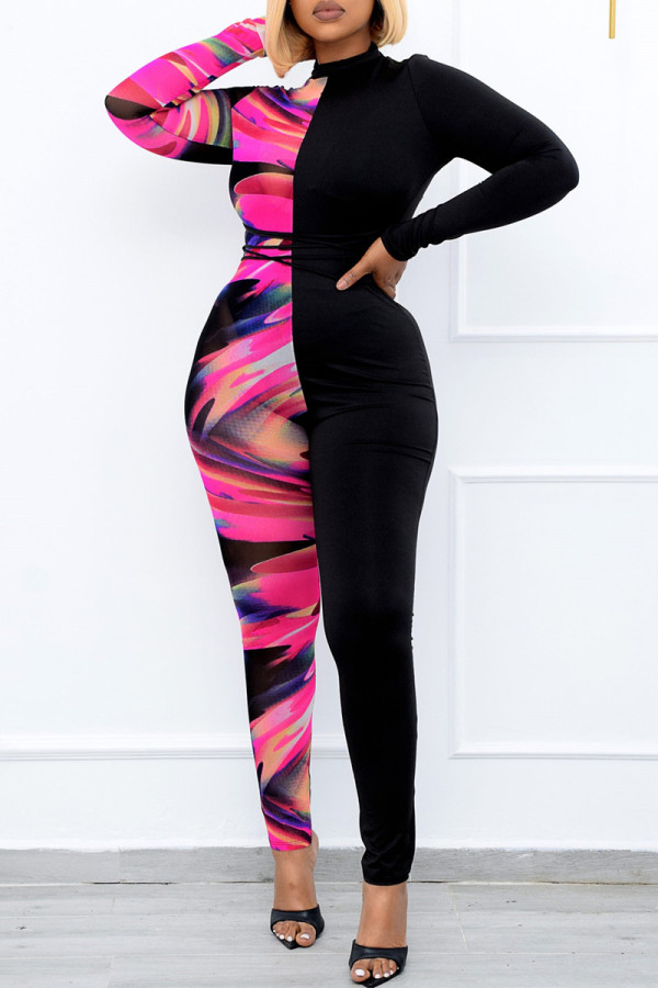 Rose Red Black Fashion Casual Print Patchwork Half A Turtleneck Skinny Jumpsuits