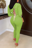 Light Green Casual Solid Draw String O Neck Long Sleeve Two Pieces