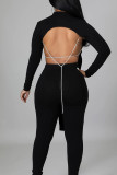 Black Sexy Print Patchwork Backless Slit O Neck Long Sleeve Two Pieces