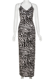 Black Sexy Animal Print High Opening Halter Pencil Skirt Dresses