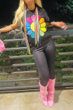 Black Casual Print Tassel Hooded Collar Tops