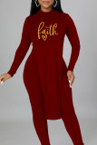 Black Sexy Print Patchwork Backless Slit O Neck Long Sleeve Two Pieces