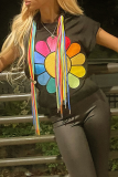Black Casual Print Tassel Hooded Collar Tops