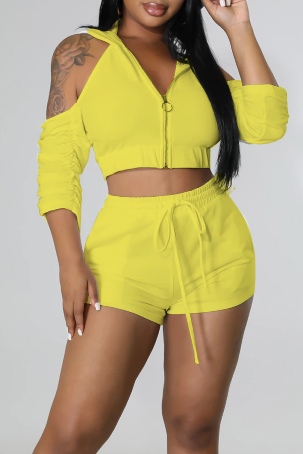 Yellow Casual Solid Patchwork Hooded Collar Short Sleeve Two Pieces
