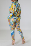 Yellow Casual Print Patchwork Turndown Collar Long Sleeve Two Pieces