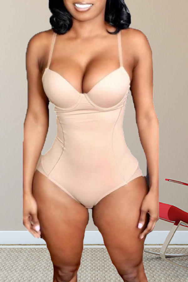Apricot Sexy Solid Patchwork Spaghetti Strap Skinny Bodysuits