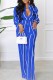 Blue Fashion Elegant Striped Letter Turndown Collar Long Sleeve Two Pieces
