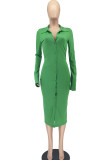 Green Casual Solid Patchwork Buckle Turndown Collar One Step Skirt Dresses