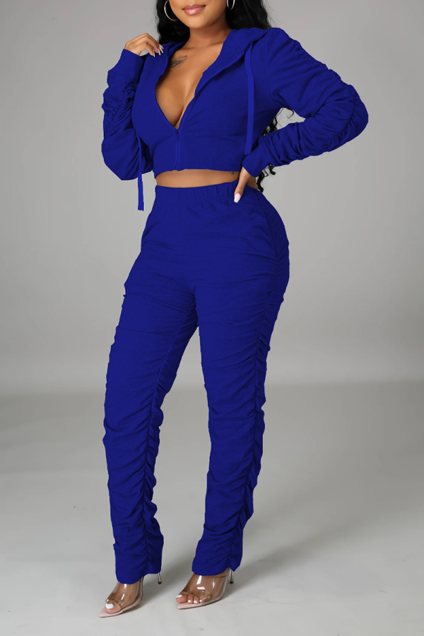 Blue Casual Solid Patchwork Hooded Collar Long Sleeve Two Pieces