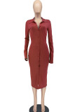 Rose Red Casual Solid Patchwork Buckle Turndown Collar One Step Skirt Dresses