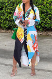 Green Casual Print Patchwork Buckle Turndown Collar Shirt Dress Dresses