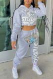 Light Gray Casual Print Patchwork Hooded Collar Long Sleeve Two Pieces