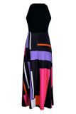 Rose Red Casual Color Lump Print Patchwork O Neck A Line Dresses