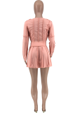 Pink Fashion Solid Patchwork O Neck Long Sleeve Two Pieces