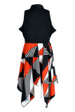 Red Casual Print Patchwork Buckle Turndown Collar Irregular Dress Dresses