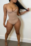 Apricot Sexy Solid Patchwork Spaghetti Strap Skinny Bodysuits