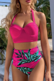 Rose Red Sexy Print Patchwork Swimwears
