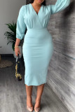 Light Blue Fashion Casual Solid Patchwork V Neck Long Sleeve Dresses