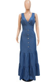 Blue Casual Solid Patchwork Fold V Neck Sleeveless Denim Dresses(Without Belt)
