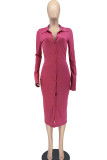 Burgundy Casual Solid Patchwork Buckle Turndown Collar One Step Skirt Dresses