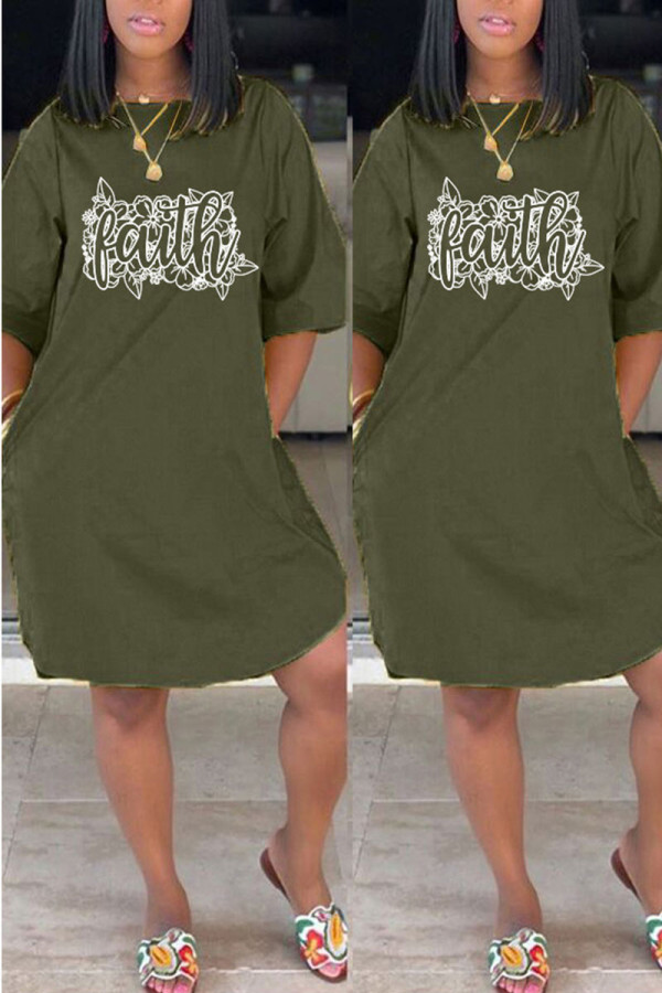 Army Green Casual Print Patchwork O Neck Straight Dresses