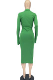 Green Casual Solid Patchwork Buckle Turndown Collar One Step Skirt Dresses
