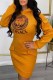 Yellow Fashion Casual Print Letter Hooded Collar One Step Skirt Dresses