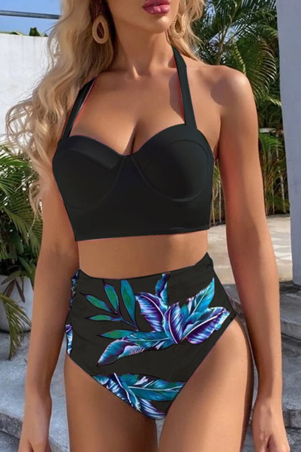 Black Sexy Print Patchwork Swimwears