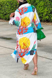 Green Casual Print Patchwork Buckle Turndown Collar Shirt Dress Dresses