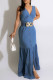 Blue Casual Solid Patchwork Fold V Neck Sleeveless Denim Dresses(Without Belt)