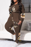 Coffee Casual Print Patchwork O Neck Plus Size Two Pieces